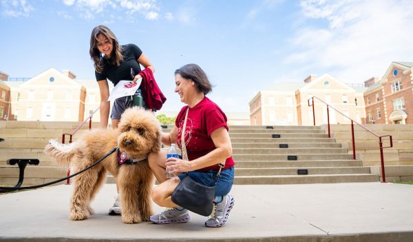 Two women stand petting Minnie the dog.